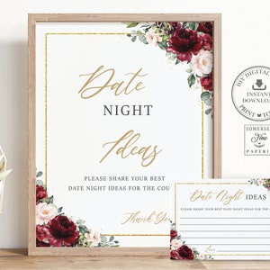 Date Night Ideas Signe et cartes Imprimable, TÉLÉCHARGEMENT INSTANTANÉ, Bourgogne Blush Rose Floral Nudal Shower Hens Bachelorette Activité PDF, RB1