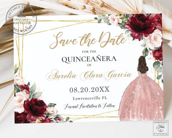 Burgundy Blush Pink Floral Rose Gold Dress Quinceaera Save the Date Card Printable EDITABLE TEMPLATE 15 Mis Quince Sweet 16th Birthday QC1 - Etsy Burgundy Blush Pink Floral Rose Gold Dress Quinceaera Save the Date Card Printable EDITABLE TEMPLATE 15 Mis Quince Sweet 16th Birthday QC1 - Etsy