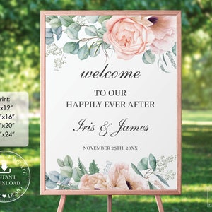 Blush Poppy Rose Floral Greenery Welcome Sign Printable EDITABLE TEMPLATE, Wedding Bridal Baby Shower Birthday Party, INSTANT Download, CR1