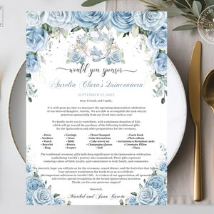 May include: A blue and white floral Quinceañera sponsorship invitation with a carriage illustration and the text "would you sponsor Aurelia Clara's Quinceañera September 25, 20XX".