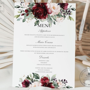 Menú de boda floral rubor burdeos PLANTILLA EDITABLE, Despedida de soltera, Ceremonia de recepción de ensayo, Tamaño carta, Descarga INSTANTÁNEA, RB1