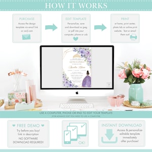 May include: A digital template for a Quincea&ntilde;era invitation. The template features a purple and gold design with a crown, flowers, and a girl in a purple dress. The text on the template reads "You are cordially invited to celebrate the Quincea&ntilde;era of their daughter Aurelia Clara".