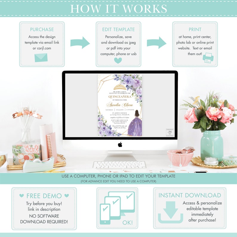May include: A digital template for a Quincea&ntilde;era invitation. The template features a purple and gold design with a crown, flowers, and a girl in a purple dress. The text on the template reads "You are cordially invited to celebrate the Quincea&ntilde;era of their daughter Aurelia Clara".