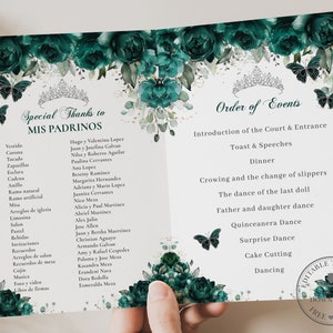 Szmaragdowo-zielony kwiatowy srebrny program Princess Quinceañera do druku EDYCYJNY SZABLON Padrinos Damas Kolejność wydarzeń Pigwa 15 urodziny QC9