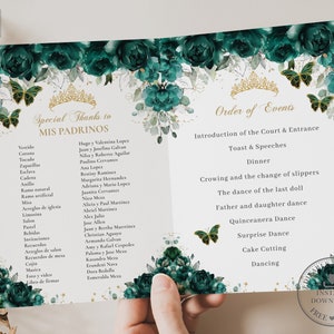 Emerald Green Floral Gold Butterflies Quinceañera Program Printable EDITABLE TEMPLATE Padrinos Damas Order of Events Quince 15 Birthday QC9
