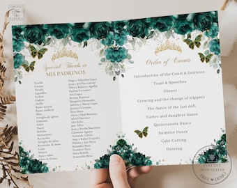 Emerald Green Floral Gold Butterflies Quinceañera Program Printable EDITABLE TEMPLATE Padrinos Damas Order of Events Quince 15 Birthday QC9