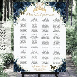 Navy Blue Floral Gold Butterflies Quinceañera Seating Chart Printable EDITABLE TEMPLATE Mis Quince XV 15 18th 16th Birthday Download QC17