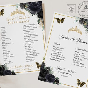 Black Floral Gold Butterflies Quinceañera Padrinos Corte de Honor List Printable EDITABLE TEMPLATE Mis Quince 15 Anos INSTANT Download, QC25