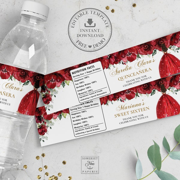 Red Floral Flowers Quinceanera Water Bottle Label, EDITABLE TEMPLATE, 15th 16th Birthday Wrapper Sticker Printable, INSTANT Download QC13