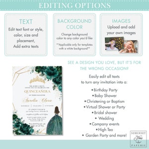 May include: A Quincea&ntilde;era invitation template with a gold and green floral design. The invitation features a gold crown, a green dress, and the text "Quincea&ntilde;era" and "Surelia Clara".