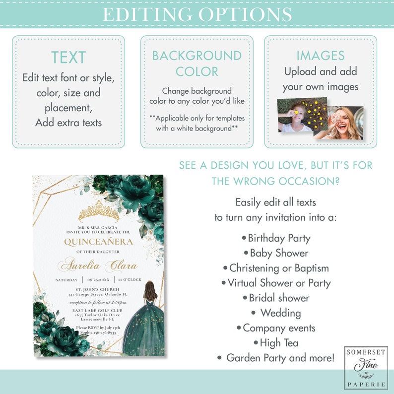 May include: A Quincea&ntilde;era invitation template with a gold and green floral design. The invitation features a gold crown, a green dress, and the text "Quincea&ntilde;era" and "Surelia Clara".