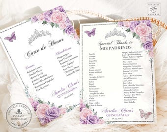 EDITABLE Purple Lilac Light Pink Floral Silver Quinceañera Mis Padrinos List Printable Quince 15 XV Anos Butterflies Birthday Download QC58