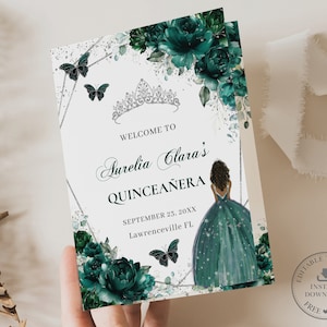 Esmeralda Verde Floral Plata Marrón Niña Quinceañera Programa Imprimible PLANTILLA EDITABLE Padrinos Damas Orden de Eventos Quince 15 Cumpleaños QC9