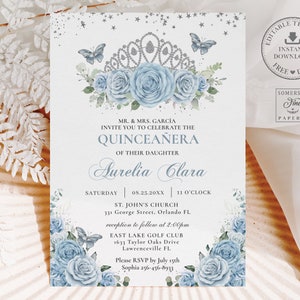Baby Blue Floral Roses Silver Crown Quinceañera Invitation EDITABLE TEMPLATE Mis Quince 15 Anos Sweet 16 Birthday Download Printable QC18