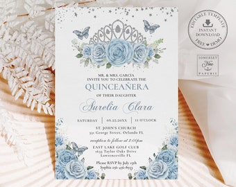 Baby Blue Floral Roses Silver Crown Quinceañera Invitation EDITABLE TEMPLATE Mis Quince 15 Anos Sweet 16 Birthday Download Printable QC18