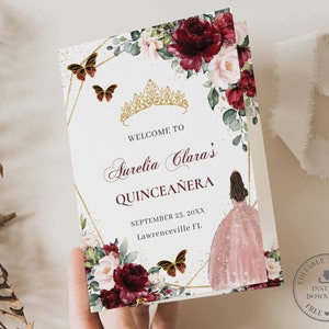 Burgundy Blush Floral Rose Gold Dress Butterfly Quinceañera Program Printable EDITABLE TEMPLATE Padrinos Damas Order of Events Birthday QC1