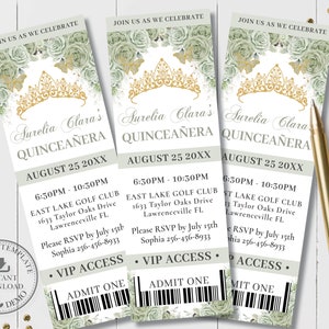 Sage Green Floral Gold Princess Crown Butterflies Quinceañera VIP Ticket Invitation EDITABLE TEMPLATE Quince 15 16th Birthday Printable QC43
