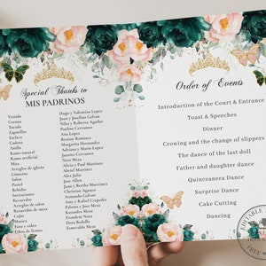 Emerald Blush Floral Butterflies Gold Quinceañera Program Printable, EDITABLE TEMPLATE, Padrinos Damas Order of Events Quince Birthday QC20