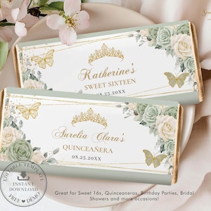 May include: Two chocolate bar wrappers with gold accents, floral designs, and text. One says "Katherine's SWEET SIXTEEN" and the other says "Aurelia Clara's QUINCEAÑERA". Both have a crown and butterfly design.