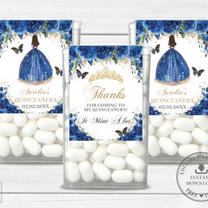 Royal Blue Floral Gold Girl Dress Tic Tac Labels Printable EDITABLE TEMPLATE 15 Quinceañera 16th Birthday Mints Sticker Favors Download QC16