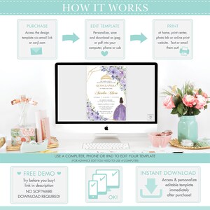 Op de afbeelding: Een digitaal sjabloon voor een Quincea&ntilde;era-uitnodiging. Het sjabloon heeft een paars en gouden ontwerp met een kroon, bloemen en een meisje in een paarse jurk. De tekst op het sjabloon luidt "U bent van harte uitgenodigd om de Quincea&ntilde;era van hun dochter Aurelia Clara te vieren".