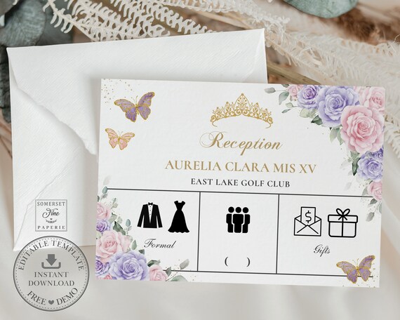 butterfly club dress code Lavender Purple Pink Floral Gold Quinceañera Reception Details Card EDITABLE TEMPLATE Quince 16 Birthday Download QC66 Size:2T Dress Honoring Heritage with Nigerian 2026-pre-order-june Golf Upgrade your athletic wardrobe