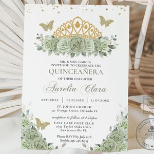Sage Green Floral Roses Gold Crown Quinceañera Invitation EDITABLE TEMPLATE Mis Quince 15 XV Anos Sweet 16 Birthday Download Printable QC43