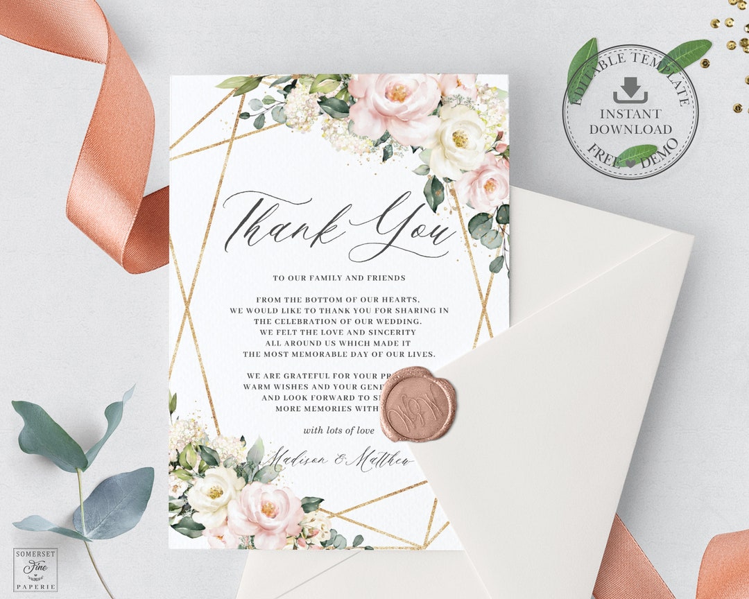 EDITABLE TEMPLATE Floral Wedding Thank You Card, Soft Blush Pink Ivory ...