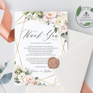 MODÈLE MODIFIABLE Carte de remerciement de mariage floral, Soft Blush Pink Ivoire White Roses, Gold Geometric, Bridal Printable, Instant Download, RB2