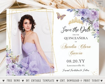 Purple Lilac Floral Gold Quinceañera Save the Date Postcard Printable 5.5"x4.25" INSTANT DOWNLOAD Mis Quince Birthday EDITABLE Template QC3