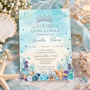 Under the Sea Turquoise Blue Silver Quinceañera Invitation Printable EDITABLE TEMPLATE Quince 15 Anos Birthday Invite INSTANT Download QC53