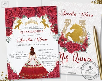 Red Roses Floral Gold Horses Quinceañera Invitation Printable EDITABLE TEMPLATE Mis Quince 15 Años Charro Dress Princess Crown Birthday QC19