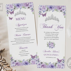 Peut inclure: Deux cartons d'invitation Quinceañera lavande et blancs. La carte de menu présente un diadème, des motifs floraux et les détails du menu. La carte de remerciement comprend un message de remerciement, un bouquet floral et les détails de l'événement.