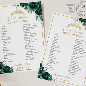 Emerald Green Floral Quinceañera Mis Padrinos List Printable, EDITABLE TEMPLATE, Mis Quince 15 Anos Princess Birthday, INSTANT Download, QC9