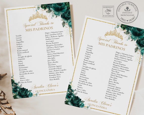 Emerald Green Floral Quinceañera Mis Padrinos List Printable - Etsy