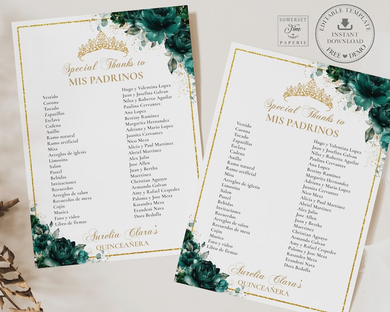 Emerald Green Floral Quinceañera Mis Padrinos List Printable - Etsy