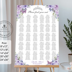 Purple Lilac Floral Silver Butterfly Quinceañera Seating Chart 30 Tables Printable EDITABLE TEMPLATE Mis Quince Anos 18th 16th Birthday QC3