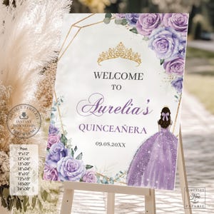 Lavender Lilac Purple Floral Roses Quinceañera Welcome Sign Printable EDITABLE TEMPLATE Quince XV Princess Girl 15 16 Birthday Download QC37