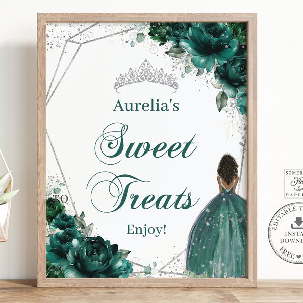 EDITABLE Emerald Green Floral Silver Brown Princess Quinceañera Candy Buffet Treats 8"x10" Sign Printable Quince XV Anos 16th Birthday QC9