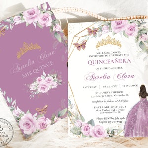 Mauve Purple Floral Butterfly Princess Dress Quinceañera Invitation EDITABLE TEMPLATE Quince 15 XV 16th Birthday Download Printable File BP5