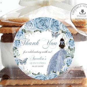 EDITABLE TEMPLATE 2" Circle Favor Label, Baby Blue Floral Butterflies, Quinceaneara 15th Birthday Sweet 16 Printable INSTANT Download QC18