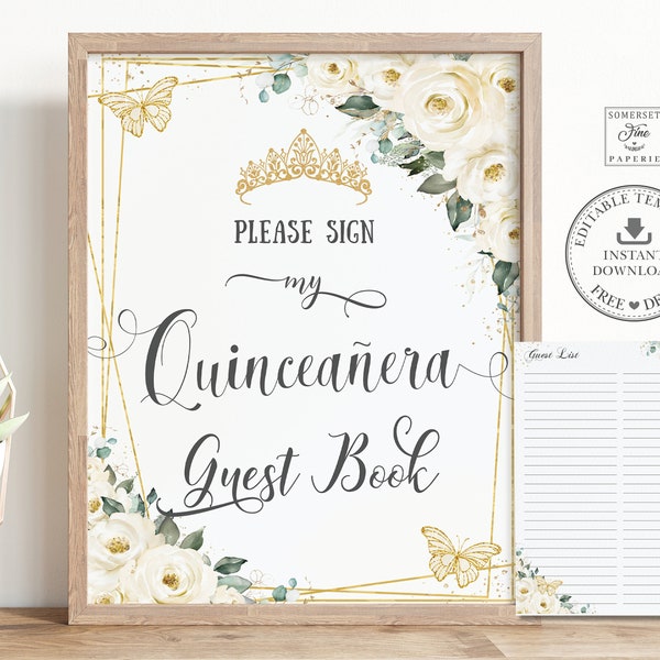 Ivory White Floral Gold Butterflies Quinceañera Guestbook Sign EDITABLE TEMPLATE, Mis Quince 15 Anos 15th Birthday Guest List INSTANT QC21