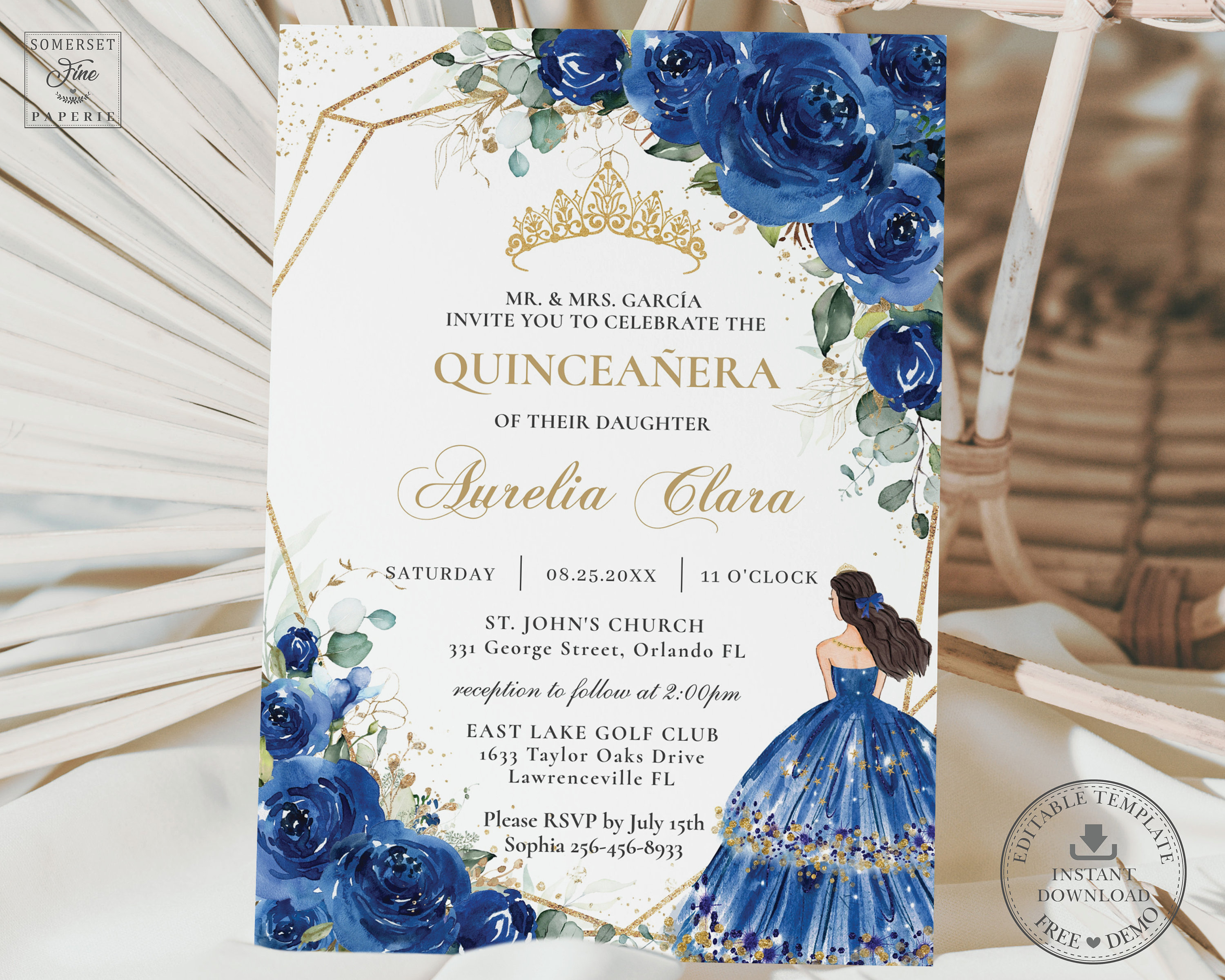 Royal Blue Floral Quinceañera Invitation Printable INSTANT - Etsy Australia