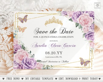 May include: Save the Date card with a gold geometric frame and floral design. The card features a purple and pink floral pattern with butterflies and a crown. The text reads "Save the Date for a Quinceañera Celebration Honoring Surelia Clara Garcia 08.20.YY Lawrenceville FL Formal Invitation to Follow."