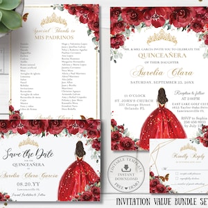 Pode incluir: Um conjunto de convites para uma Quincea&ntilde;era com um esquema de cores vermelho, branco e dourado. O convite apresenta uma ilustra&ccedil;&atilde;o em aquarela de uma jovem com um vestido vermelho e uma coroa dourada. O texto do convite diz "Quincea&ntilde;era" e "Aurelia Clara".