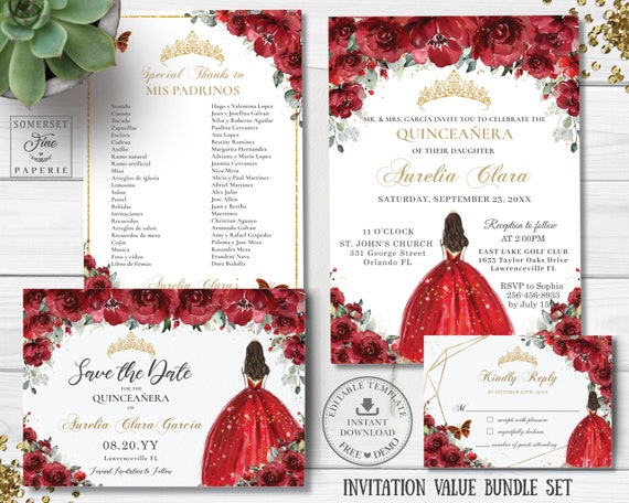 Red Floral Gold Quinceañera Invitation Value Bundle INSTANT DOWNLOAD Mis Quince 15 Anos 16th Birthday RSVP Editable Template Printable QC13