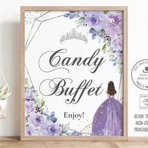 Lilac Purple Floral Candy Buffet Silver Tiara Princess Quinceañera Printable Sign INSTANT DOWNLOAD Mis Quince 15 Anos Sweet 16 Birthday QC3