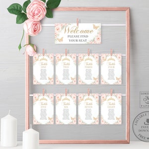 EDITABLE Blush Pink Floral Gold Butterflies Table Seating Chart Find Your Seat Cards Quinceanera Sweet 16 Wedding Download Printable QC7