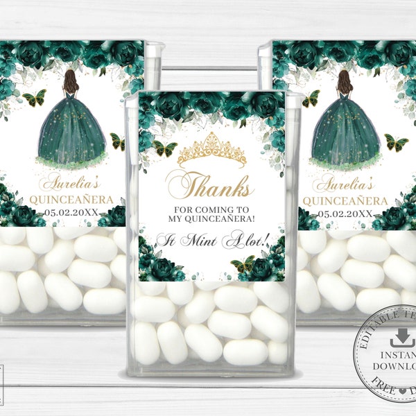 Emerald Green Floral Gold Dress Tic Tac Labels Printable EDITABLE TEMPLATE 15 XV Quinceañera 16th Birthday Mints Sticker Favors Download QC9