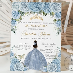 Baby Blue Floral Gold Quinceañera Invitation Printable, EDITABLE TEMPLATE, Mis Quince 15 Anos Birthday Diy Invite, INSTANT Download, QC18